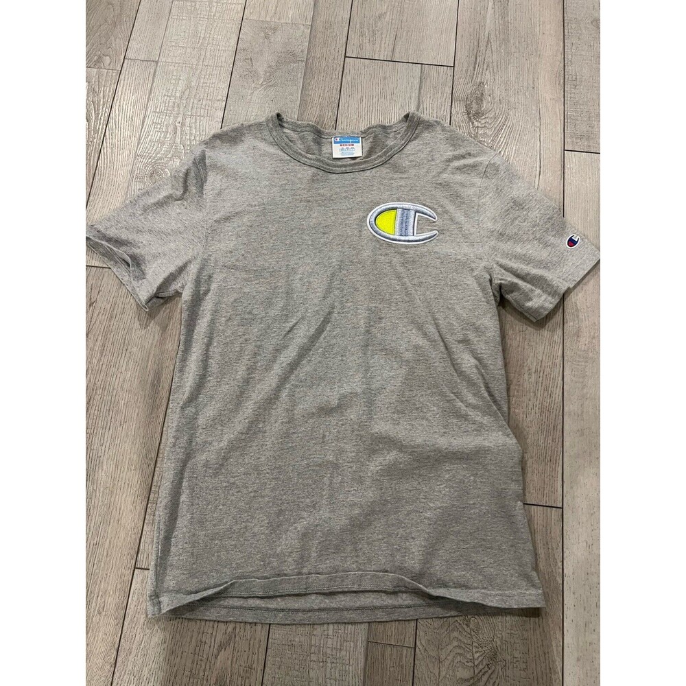 Champion Shirt Medium Gray Men Embroidered Big Logo Cotton Short Sleeve Tee Used